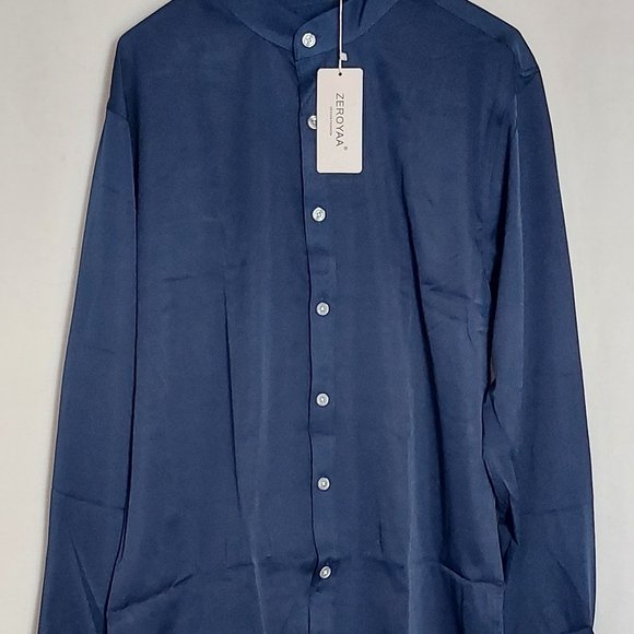 ZEROYAA Men's Hipster Solid Slim Fit Long Sleeve Mandarin Collar Dress Shirt - Picture 1 of 5